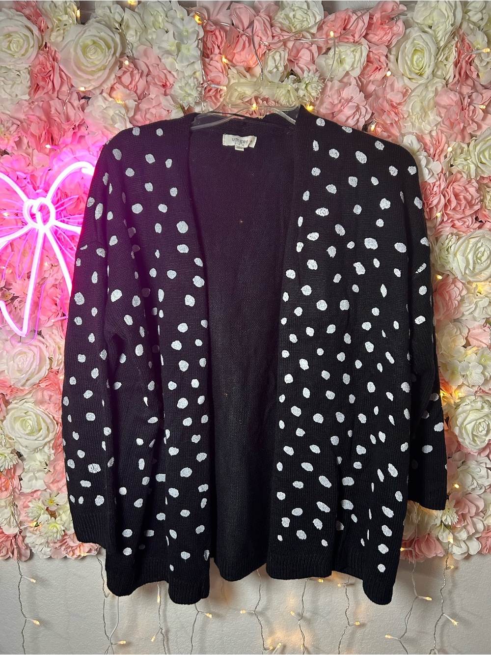 Umgee Black Cardigan with White Polka Dot Pattern